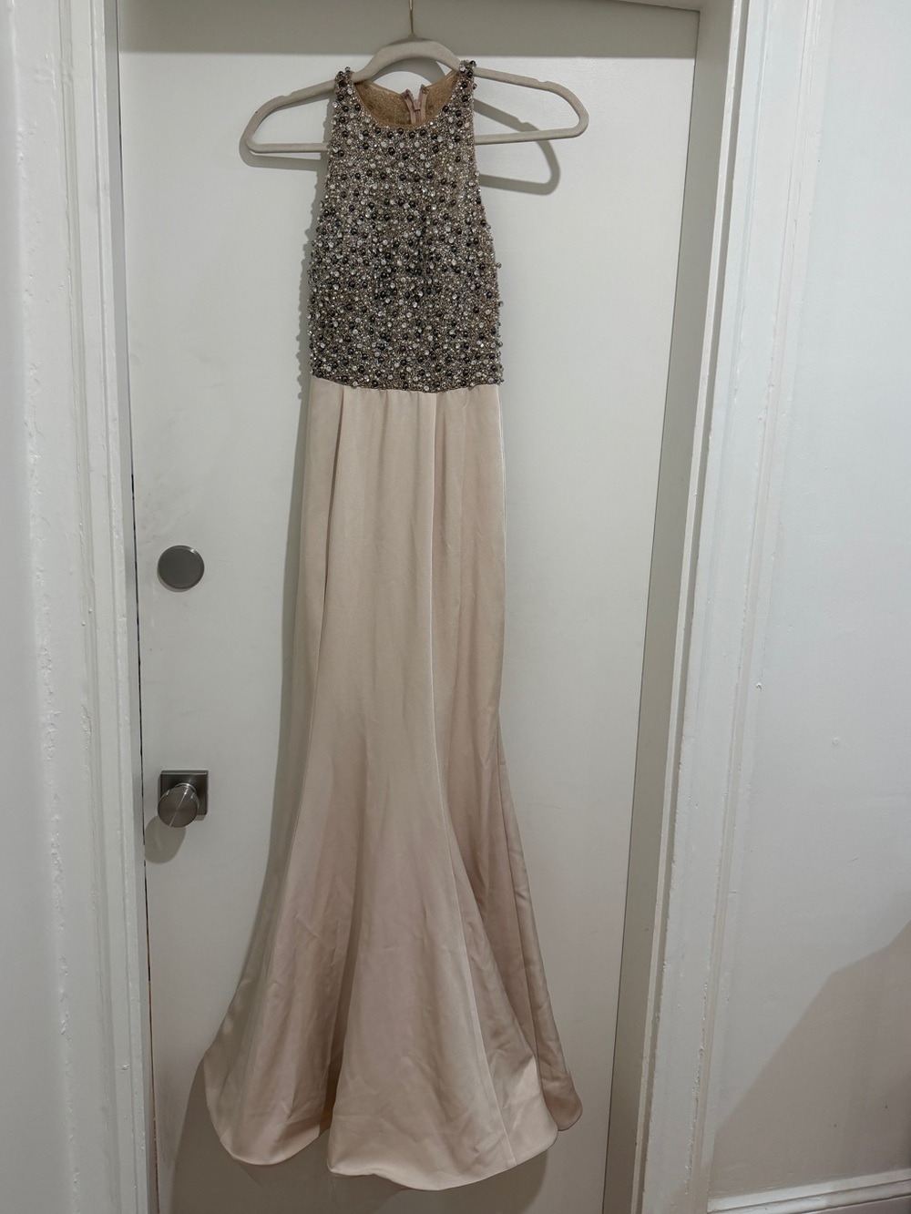 Beaded High-Neck Evening Gown in Light Champagne